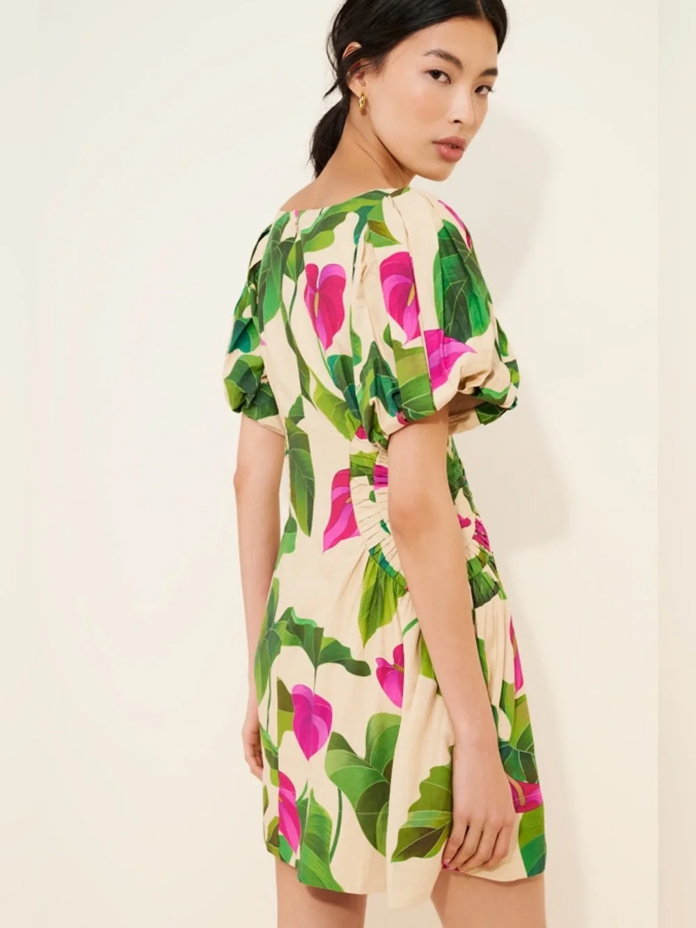 Farm Rio Anthurium Leaves Sand Short Sleeve Square Neckline Mini Dress - Picture 2 of 9